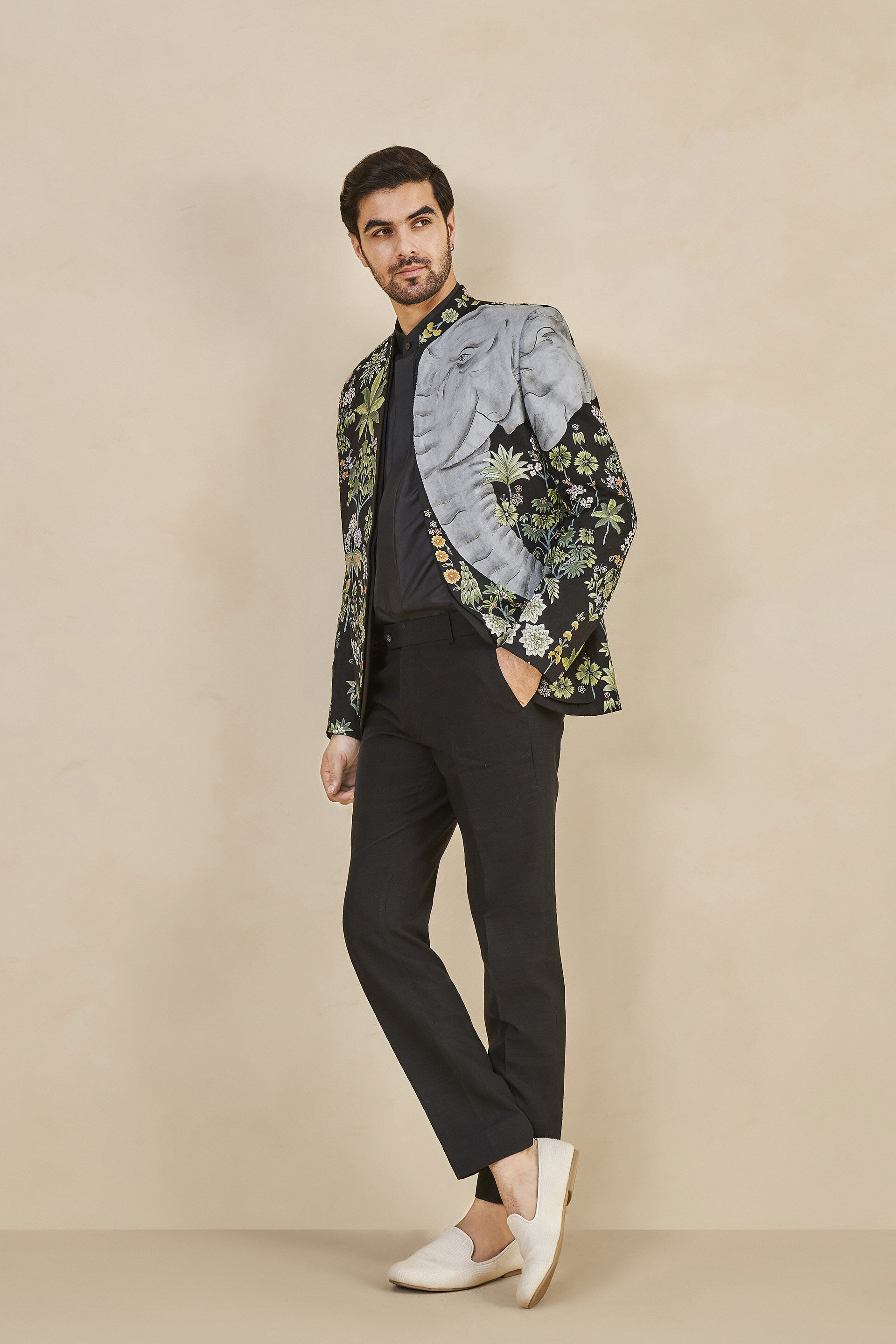 Haathi Harmony Hand-painted Pichhwai Silk Bandhgala - Black